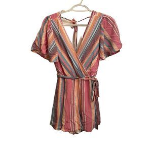Blue Rain Amie Tie Backless Butterfly Sleeve Belted Rainbow Striped Romper XXS